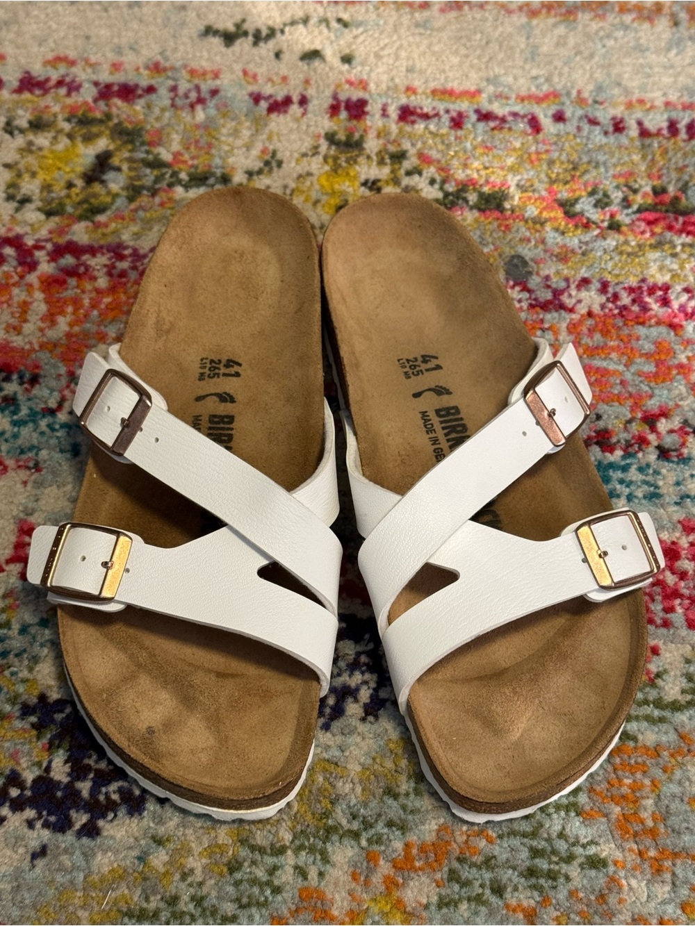 Birkenstock Yao White Double-Strap Cork Slide Sandals Size 41